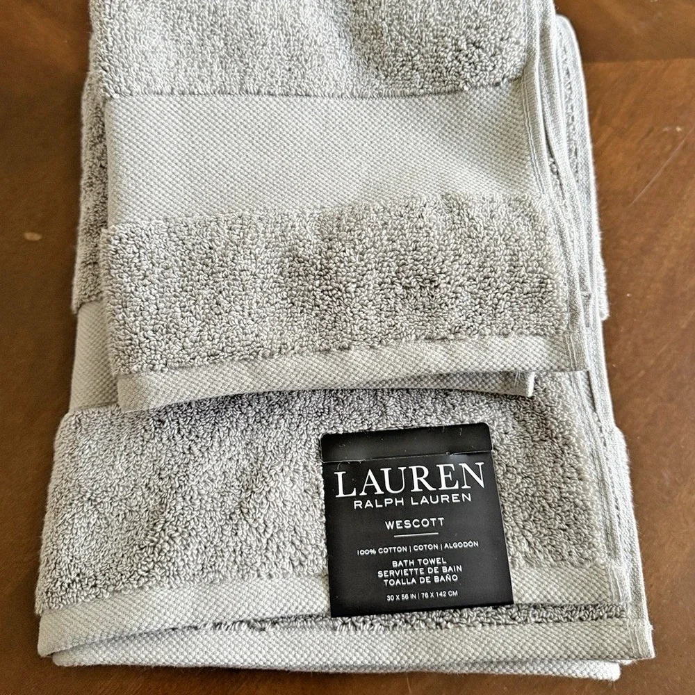 NEW Lauren Ralph Lauren Wescott Towels Cape Gray Cotton 2PC-1 Bath/1 Hand Cotton